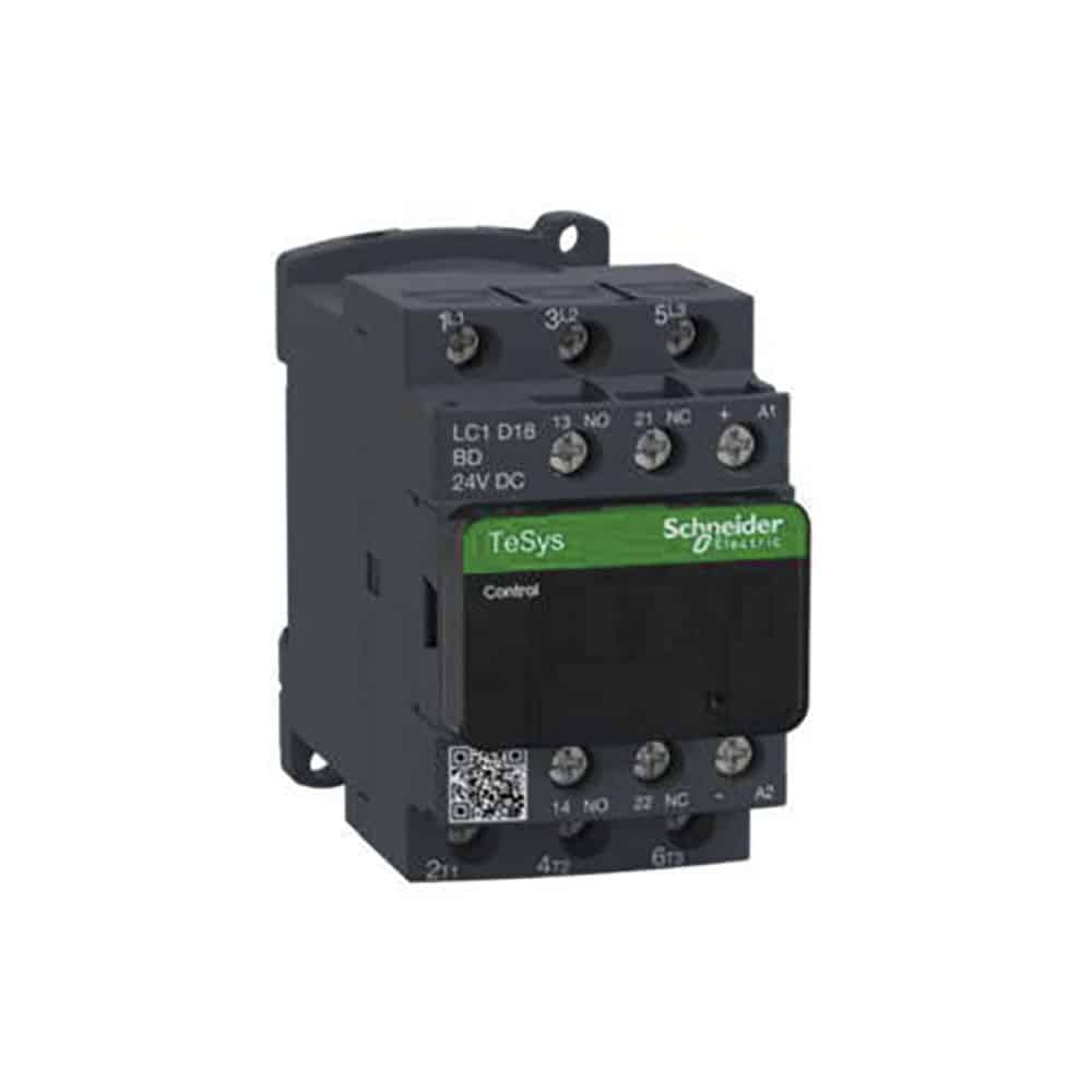 Schneider TeSys D kontaktor LC1D18BD, 3P 18A AC-3 7.5kW@400V, 1NO+1NC hjælpe kontakt, 24V DC spole