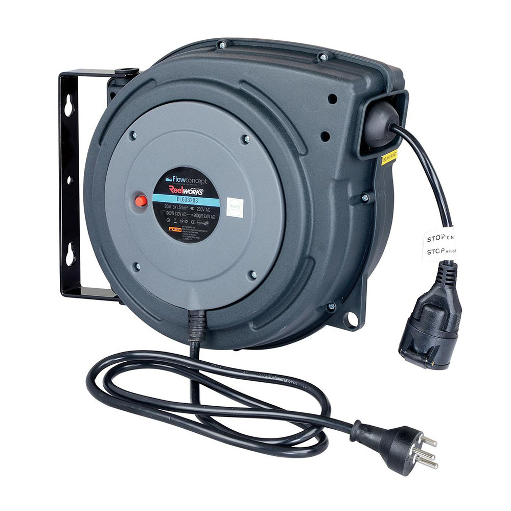 Flowconcept Aut. kabelopruller IP42 grå 3 x1,5mm² x 20m kabel danske stik 1000/2000W 230V 10A