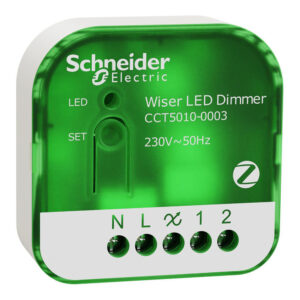 Wiser traadloes lysdaemper puck med Multiwire teknologi valgfri tilslutning af nul leder. Daemper LED lyskilder helt ned til 1VA produkt