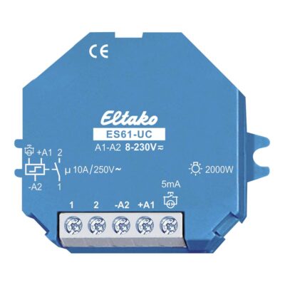 Eltako relæ med specifikationer: spænding 8-230v ac/dc, strøm 10a/250v ac, effekt 2000w.