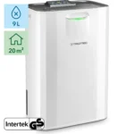 Hvid affugter, digital skærm, 9L, 20 m². Intertek GS-certificeret.