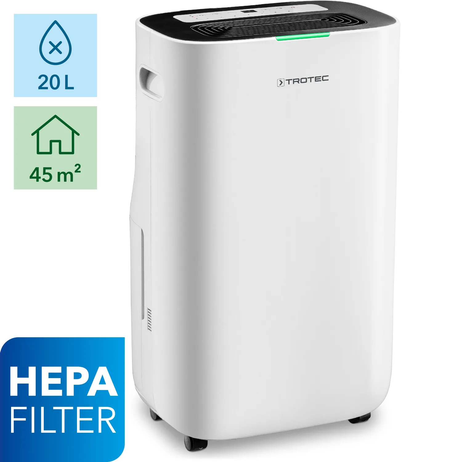 Hvid Trotec affugter med HEPA-filter, 20L kapacitet, velegnet til 45 m², med hjul og digital display.