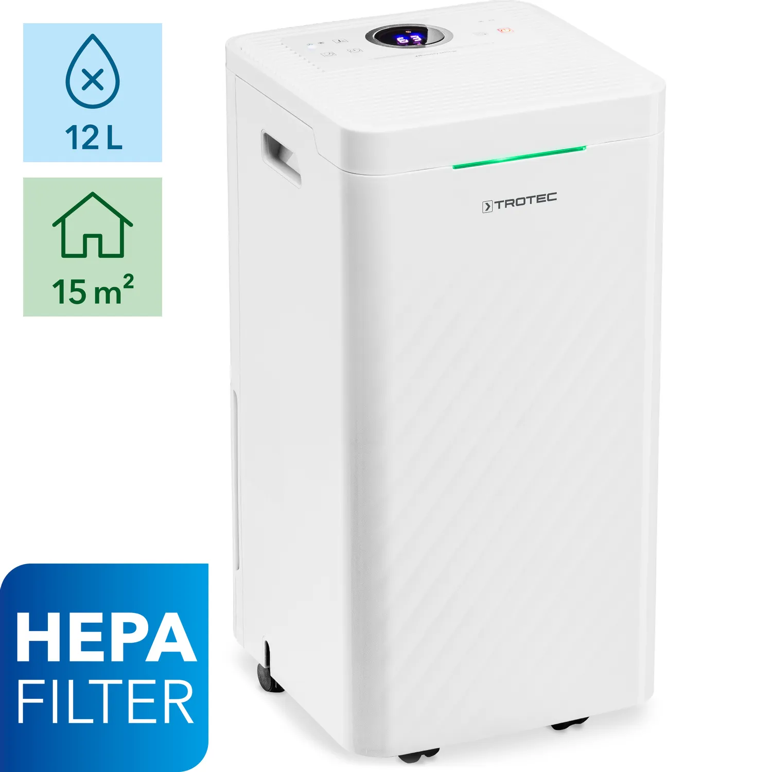 Hvid Trotec luftaffugter med digital display, HEPA filter, 12L kapacitet, til 15 m² rum.