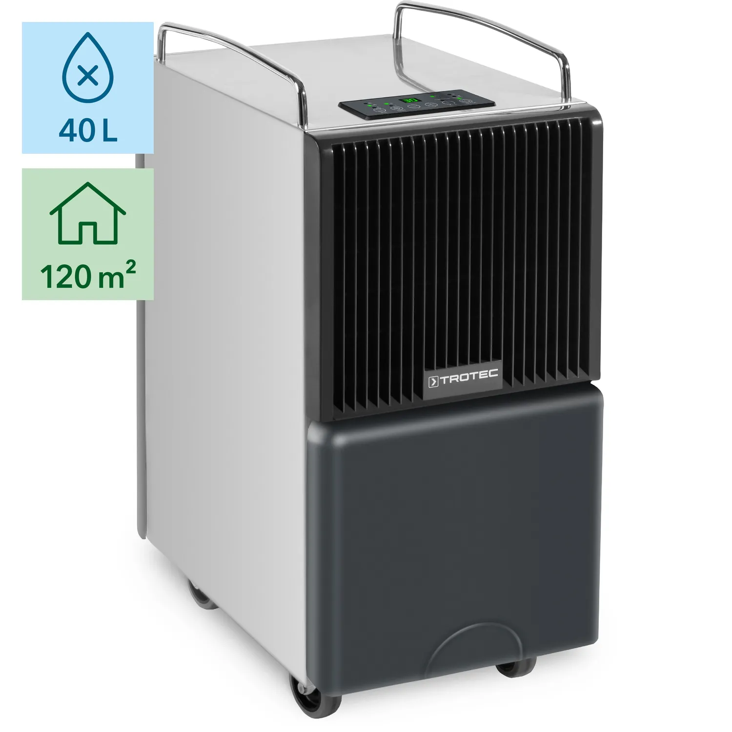 Trotec affugter TTK 122 E med sort front, 40L kapacitet, dækker 120m², kontrolpanel øverst.