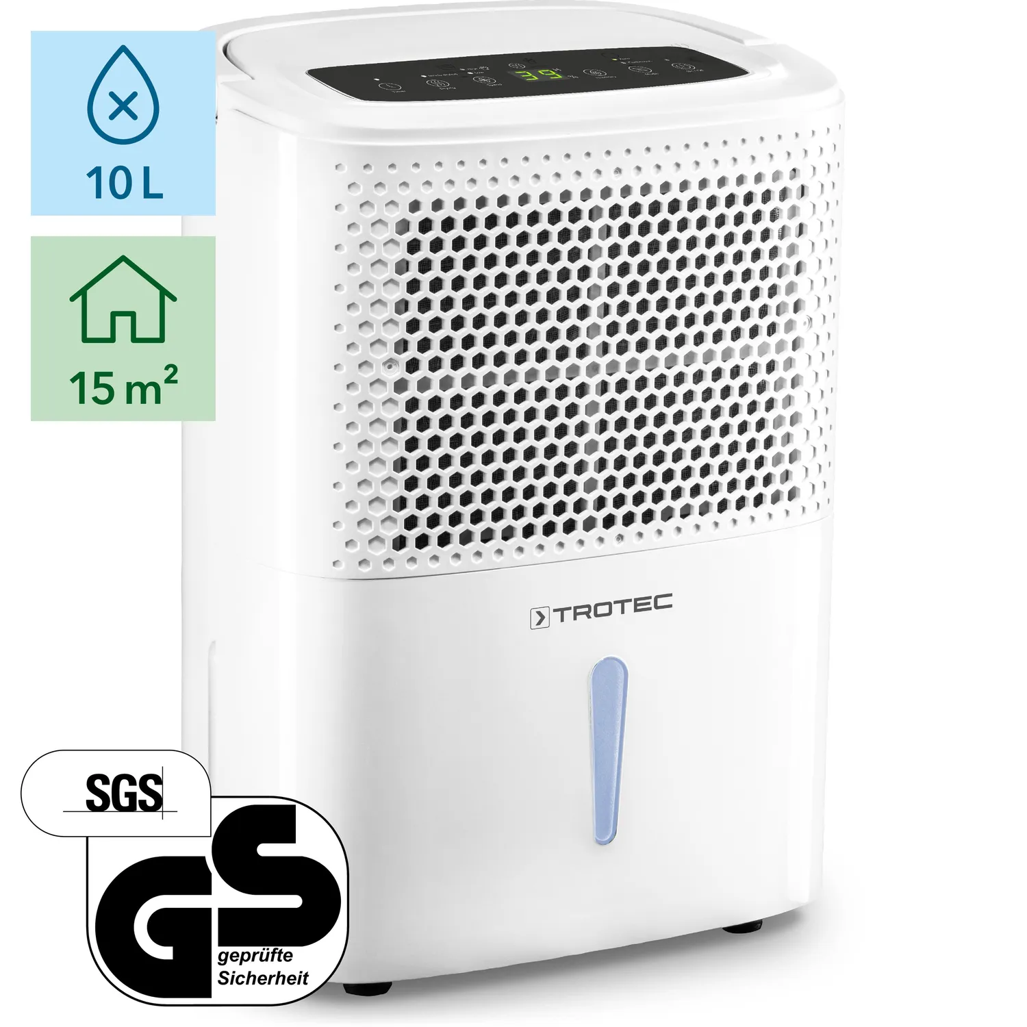 Hvid Trotec luftaffugter TTK 26 E med digitalt panel, 10L kapacitet og 15 m² dækning.