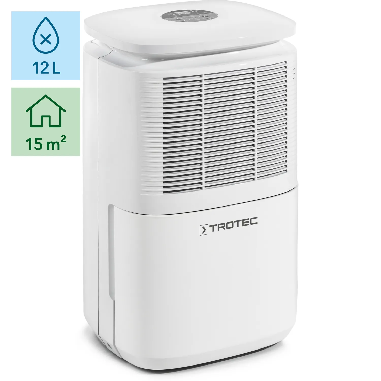 Hvid Trotec TTK 30 E luftaffugter, 12L kapacitet, til rum op til 15m², kontrolpanel på toppen.