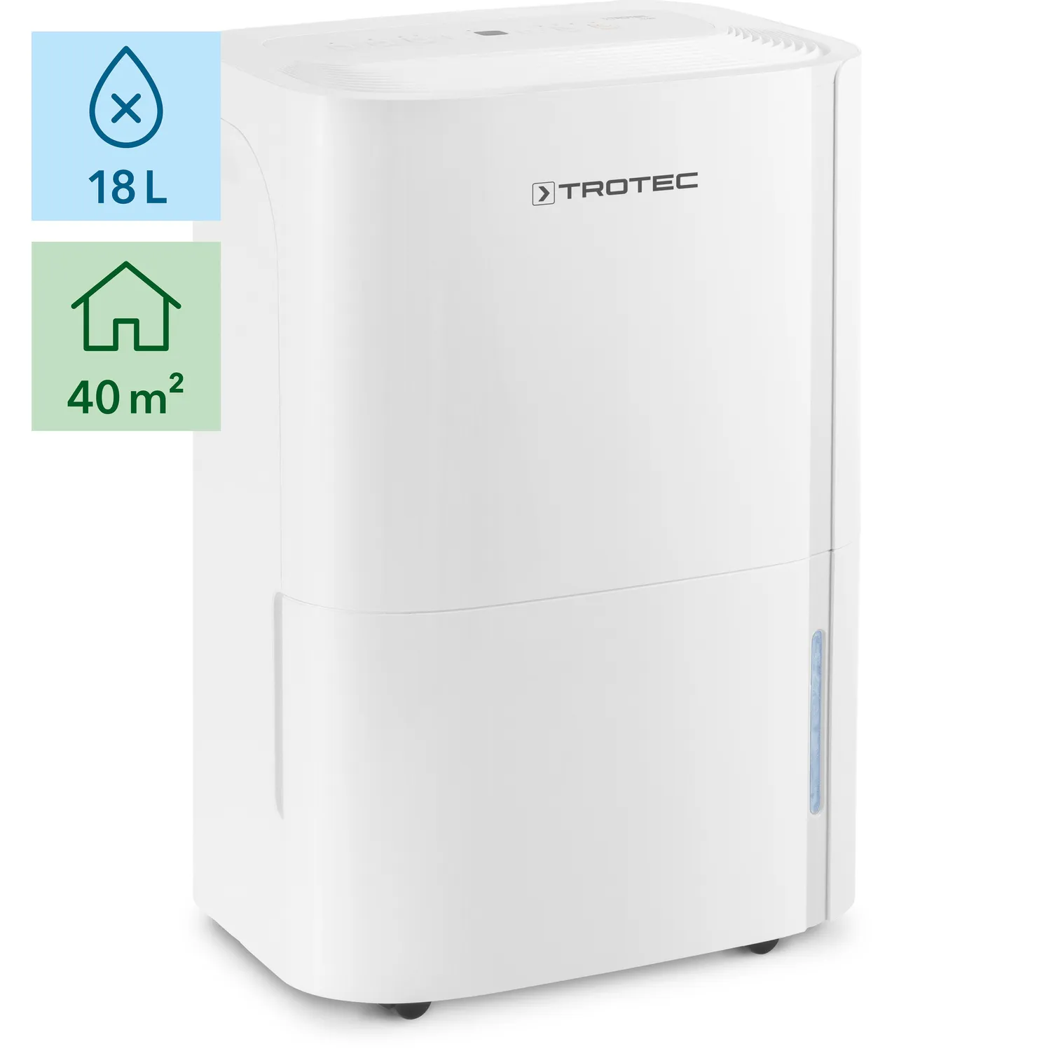 Hvid Trotec affugter TTK 54 E, 18L kapacitet, egnet til 40 m² rum, med Trotec logo.