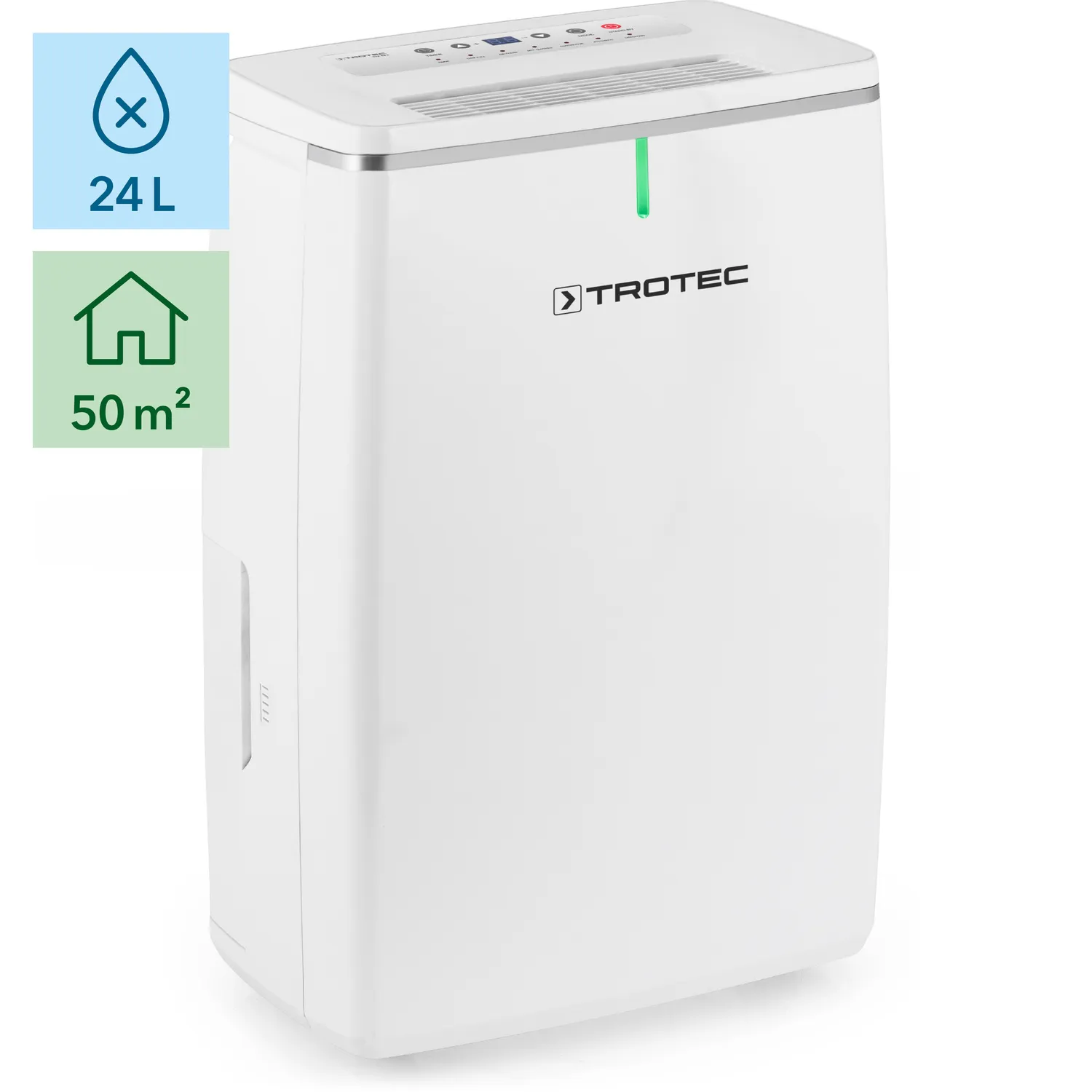 Hvid Trotec luftaffugter TTK 72 E, 24L kapacitet, til 50 m², med display og grøn indikator.