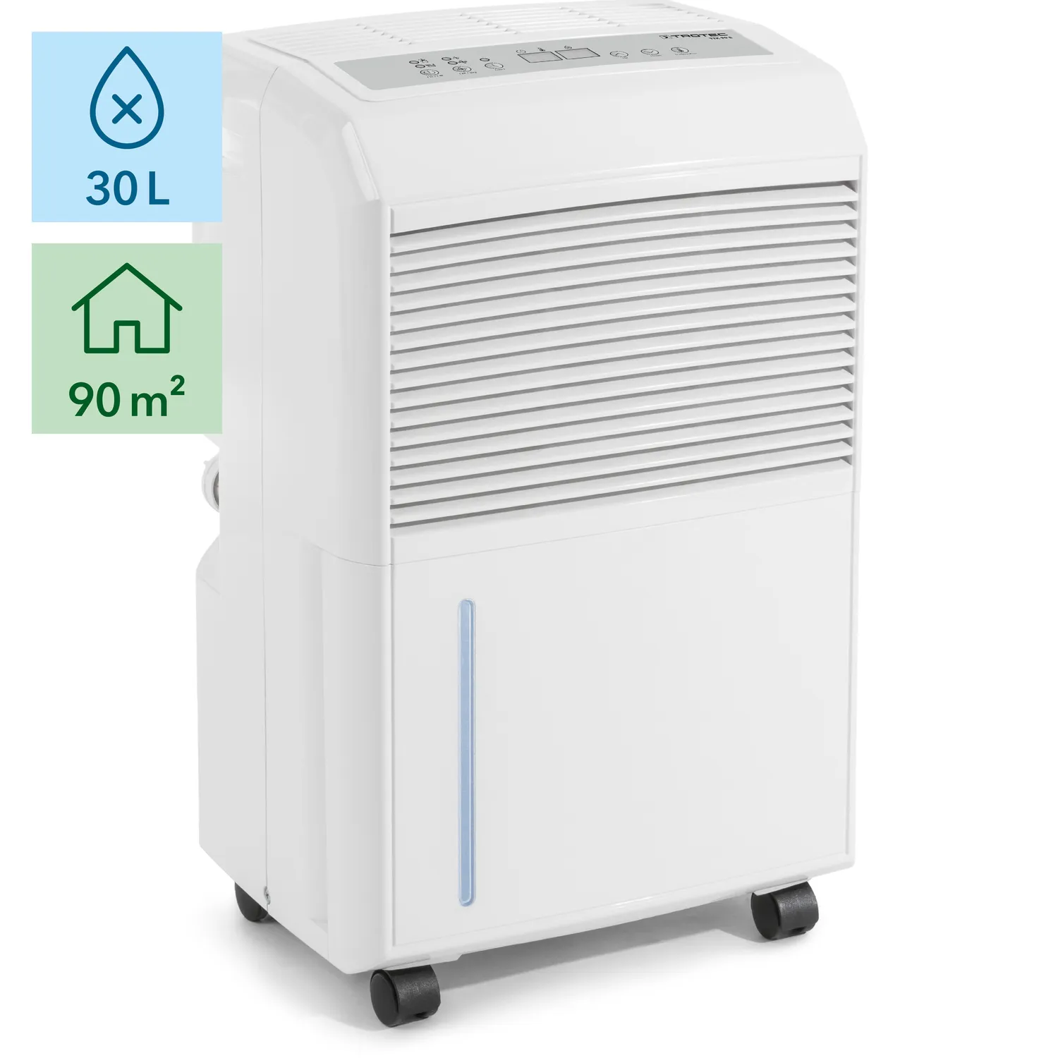 Hvid affugter med 30L kapacitet, velegnet til 90 m², ventilationsgitter og hjul.