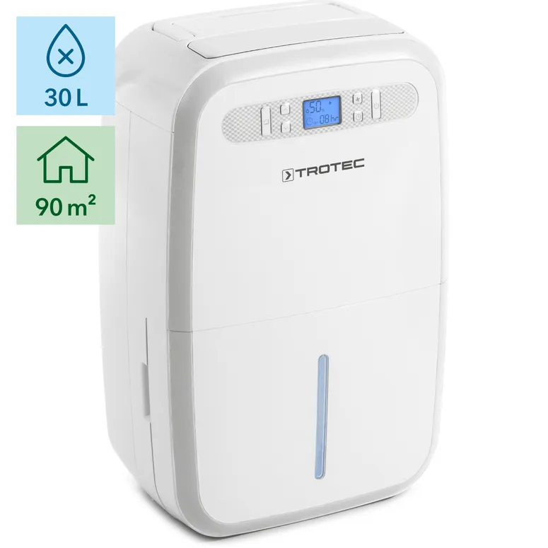 Hvid Trotec affugter TTK 95 E, digital skærm, 30L, til 90m².
