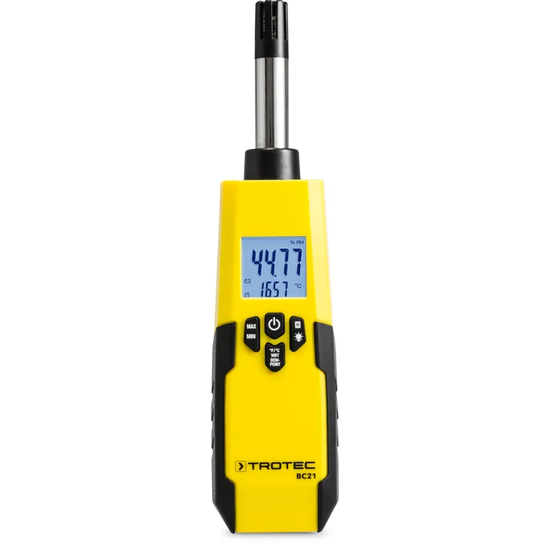 Gul Trotec BC21 termohygrometer med digital skærm, sorte knapper og måleprobe.