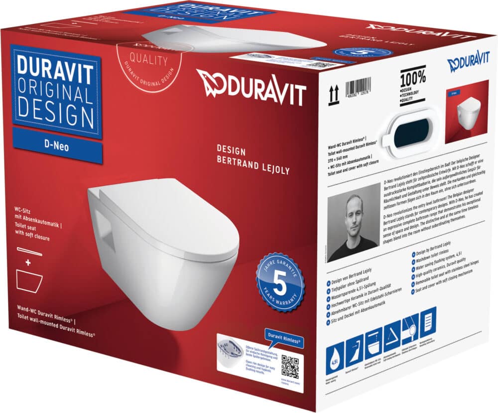 Duravit d-neo hængeskål & sæde 370x540x400 mm, åben skylle-rand, hvid højglans