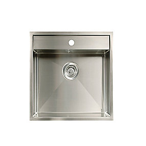 Intra Juvel Baltic køkkenvask Udvendige mål 430x500mm. Til nedfældning & planlimning. Med strainer. Børstet finish