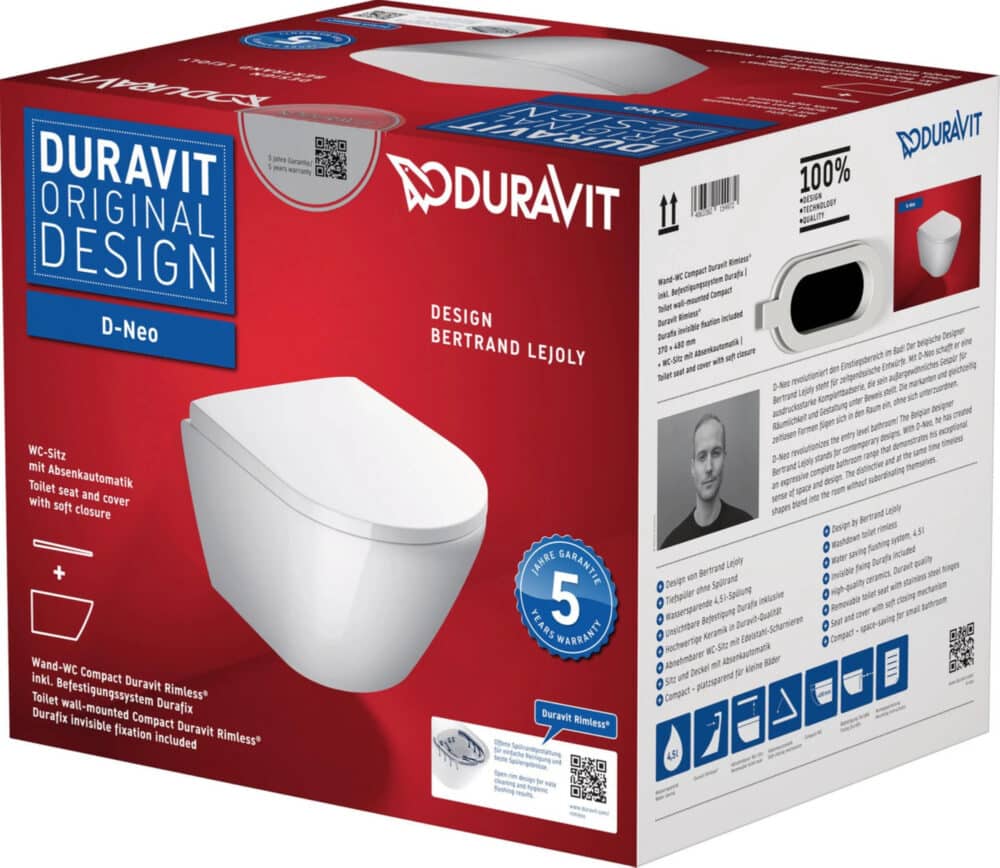 Duravit d-neo compact væghængt toilet med softclose toiletsæde rimless 370 x 480 mm