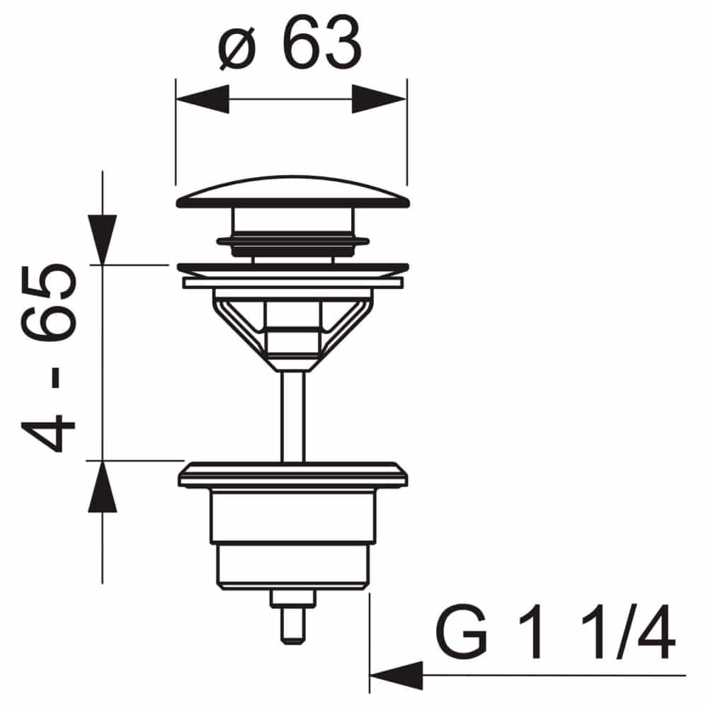 Oras bundventil 1 1/4'' 63mm push-up. Uden overløb. Krom ms