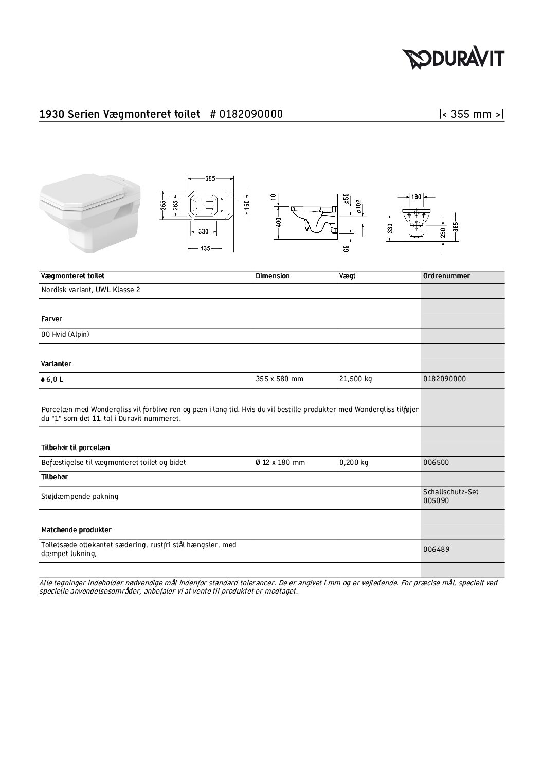 Duravit 1930 serien vægtoilet 355x580mm wondergliss