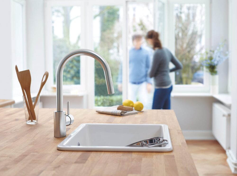 Grohe concetto bruser køkkenarmatur med udtrækstud & højt udløb, zero, supersteel