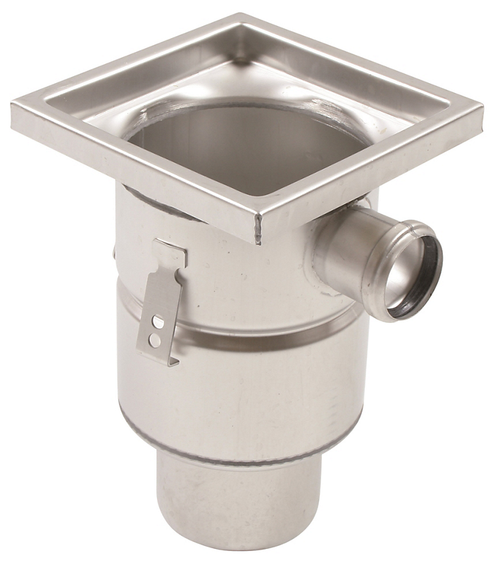 Blücher Industrigulvafløb lodret Ø110 mm udløb og 1 sideindløb, 200x200mm ramme. Til beton & fliser. Syrefast stål