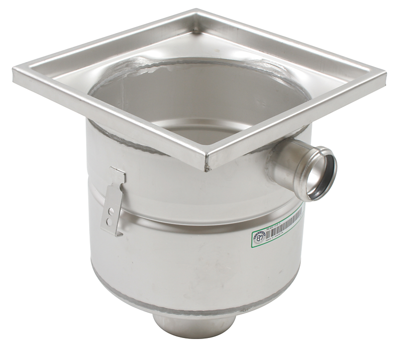 Blücher industri afløbskål med lodret Ø110 mm udløb, 300x300 mm ramme. Til beton & fliser. Syrefast stål