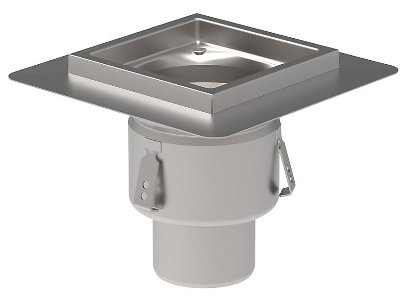 Blücher industri afløbsskål Ø110mm, 200x200mm ramme lav. Til beton & fliser. Lodret