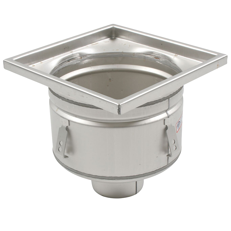 Blücher Industrigulvafløb lodret Ø110 mm udløb, 300x300mm ramme. Lav uden membranflange. Til beton & fliser. Syrefast stål