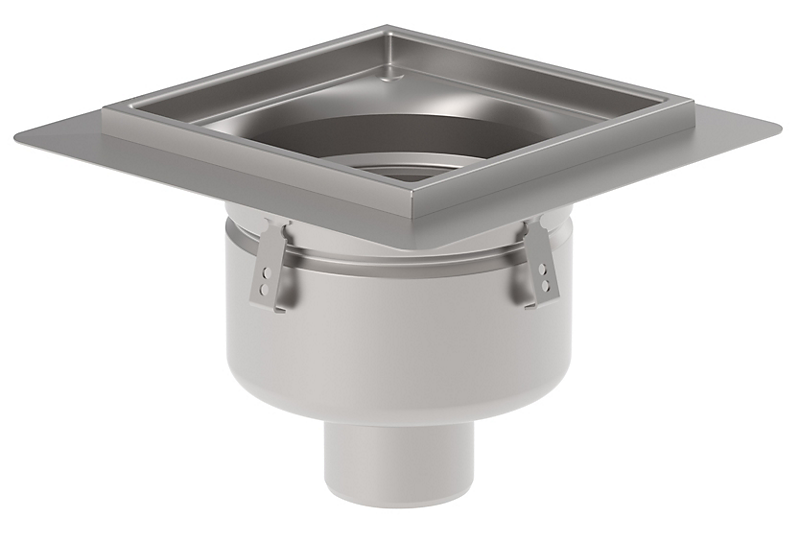 Blücher industri afløbsskål Ø110mm, 300x300mm ramme, lav. Til beton & fliser. 300x300mm. Lodret