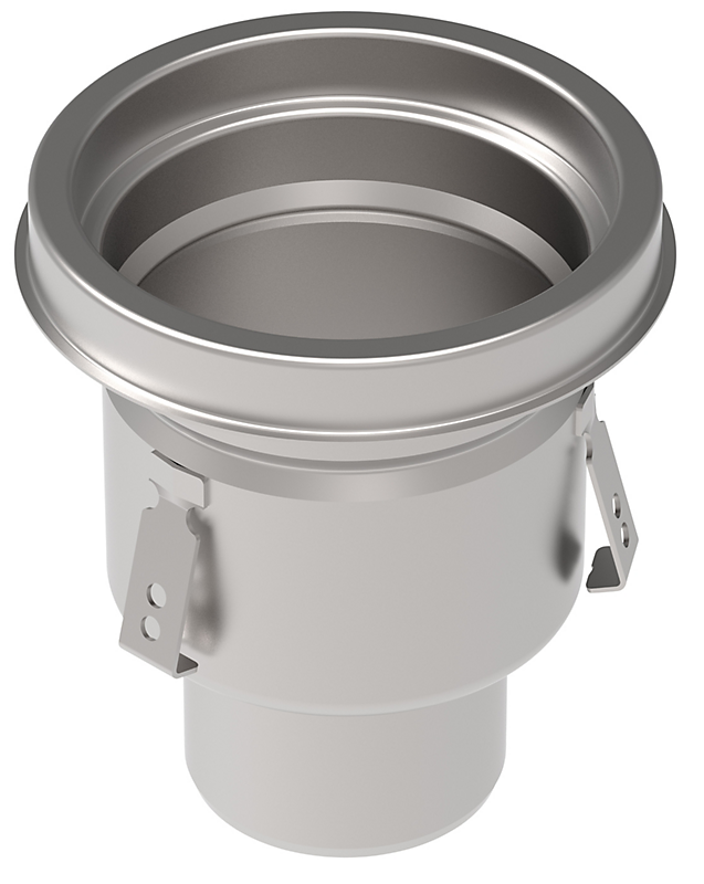 Blücher industri afløbskål, lav med lodret Ø110 mm udløb. Ø205mm ramme. Til epoxy. Syrefast stål