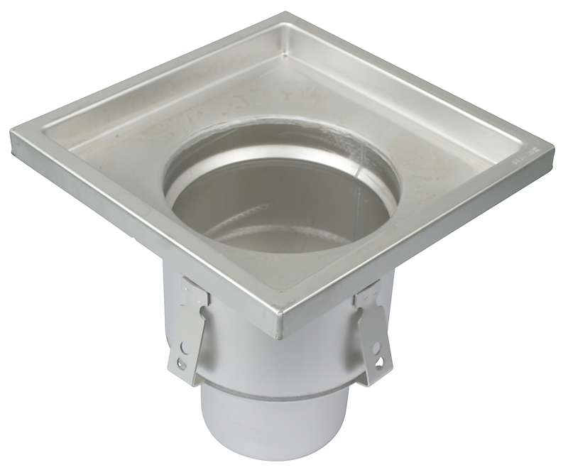 Blücher lav industriafløb lodret Ø110 udløb, 250x250mm ramme. Til beton & fliser. Rustfrit stål
