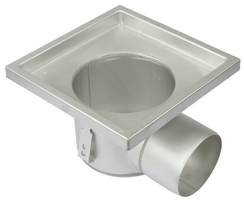 Blücher lav industriafløb vandret Ø110mm udløb, 250x250mm ramme. Til beton & fliser. Rustfrit stål