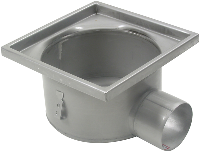 Blücher lav industriafløb vandret Ø110mm udløb, 300x300mm ramme. Til beton & fliser. Rustfrit stål
