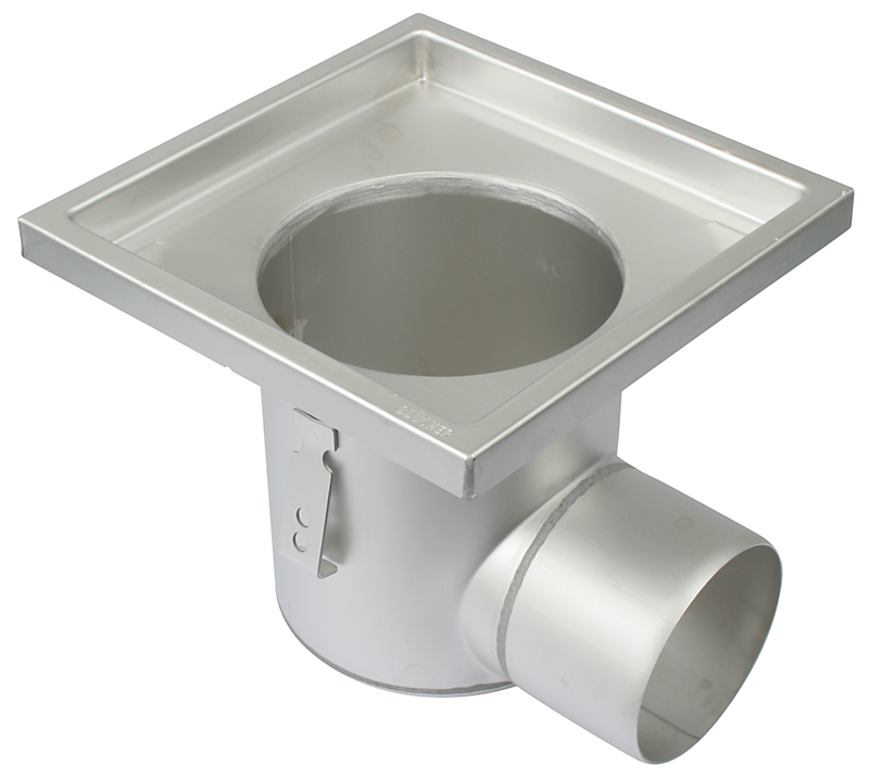 Blücher industriafløb vandret Ø110mm udløb, 250mm ramme. Til beton & fliser. Rustfrit stål