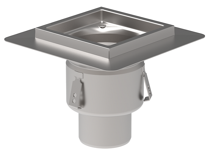 Blücher lav industriafløb lodret Ø110mm udløb, 200x200mm ramme. Til beton & fliser. Rustfrit stål