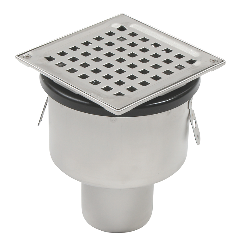 Blücher SQUARE gulvafløb med lodret Ø75 mm udløb. Til beton & fliser. Syrefast stål