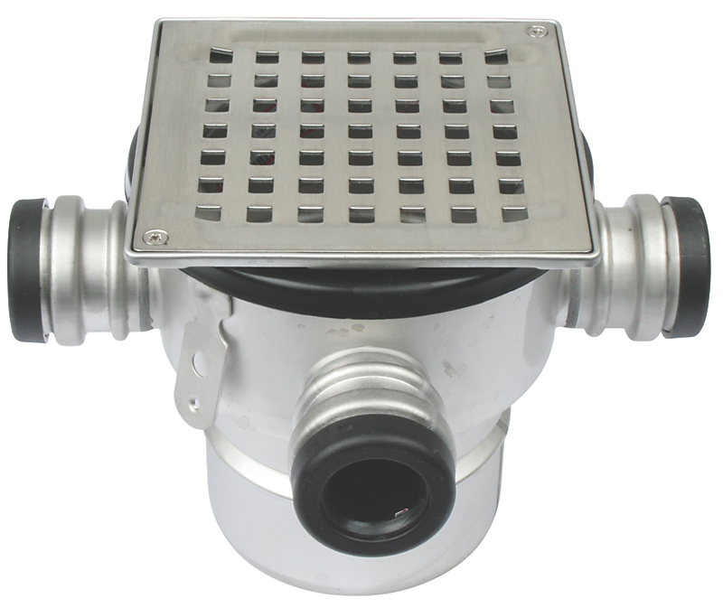 Blücher SQUARE gulvafløb med lodret Ø110 mm udløb. Til beton & fliser. Syrefast stål