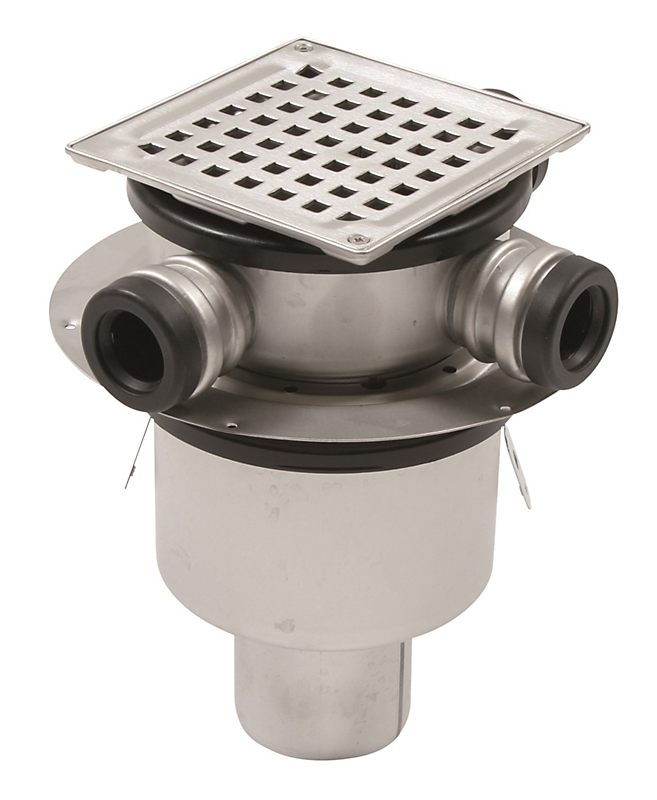 Blücher Square gulvafløb med lodret Ø75 mm udløb samt 3 sideindløb. Til klembane med membrandug. Beton og fliser. Rustfrit stål