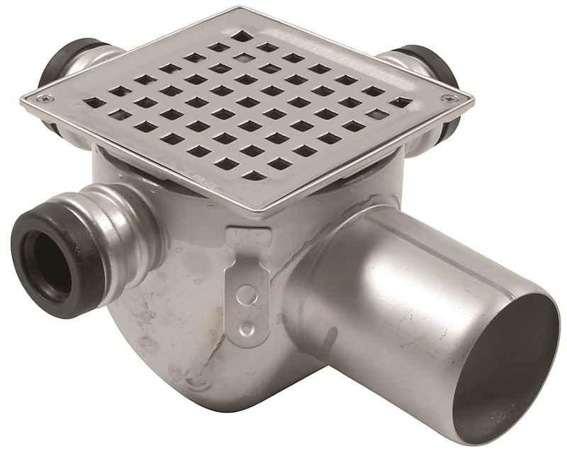 Blücher Square gulvafløb med vandret Ø75 mm afløb, 3 sideindløb samt vandlås. Til beton & fliser. Rustfrit stål