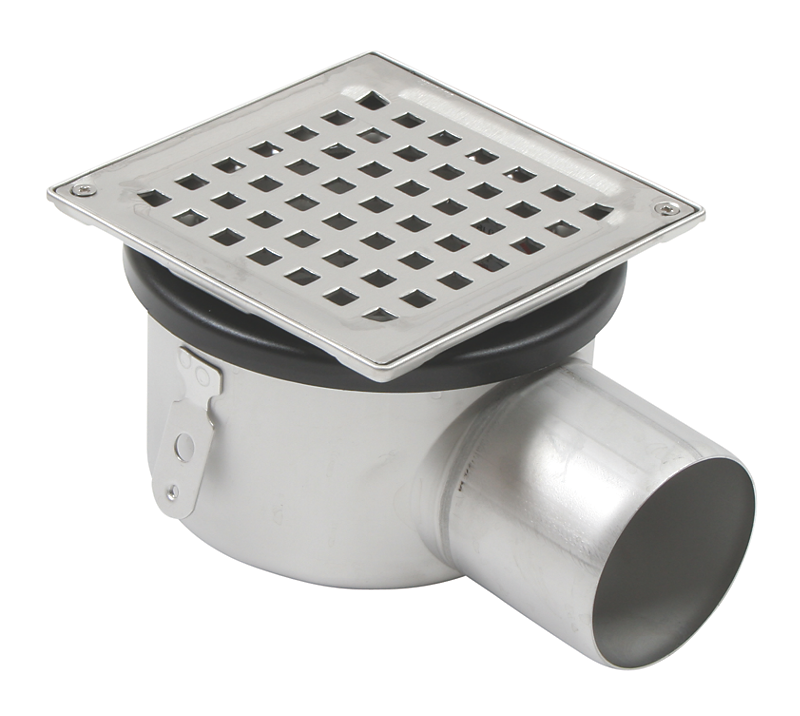 Blücher SQUARE gulvafløb med vandret Ø75 mm udløbt samt smøremembran. Til beton & fliser. Syrefast stål