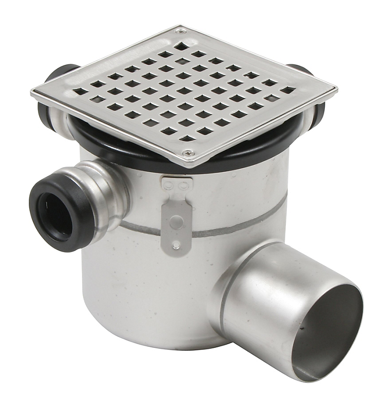 Blücher Square gulvafløb med vandret Ø75 mm afløb og 3 sideindløb. Til beton & fliser. Syrefast stål