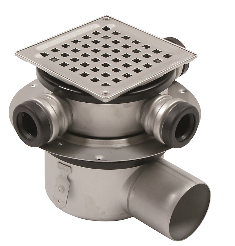 Blücher Square gulvafløb med vandret Ø75 mm udløb og 3 sideindløb. Til klembane med membrandug. Beton og fliser. Rustfrit stål