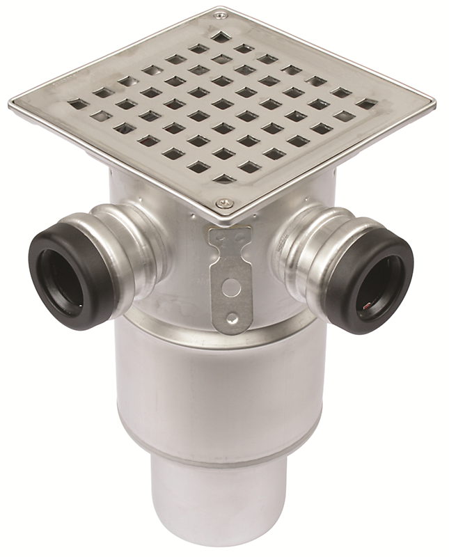 Blücher Square gulvafløb med lodret Ø75 mm afløb og 2 sideindløb. Til beton & fliser. Rustfrit stål