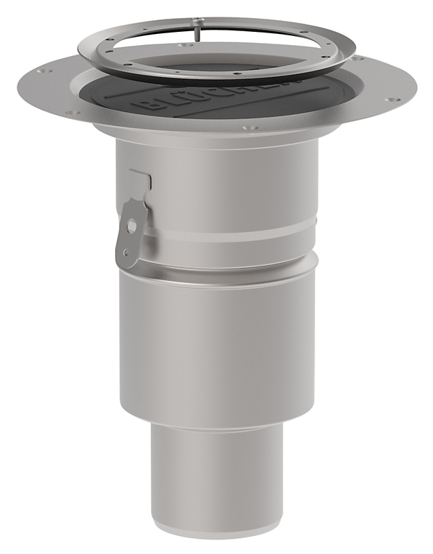 Blücher membranunderdel med stålklemring, lodret Ø75mm udløb. Syrefast stål