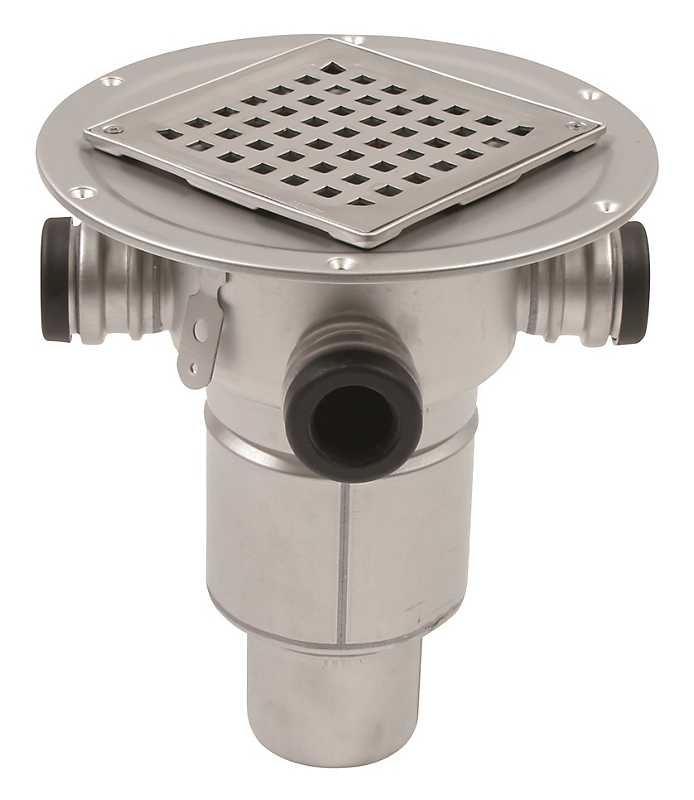 Blücher Square gulvafløb med lodret Ø75 mm afløb og 3 sideindløb samt smøremembran. Til beton & fliser. Rustfrit stål