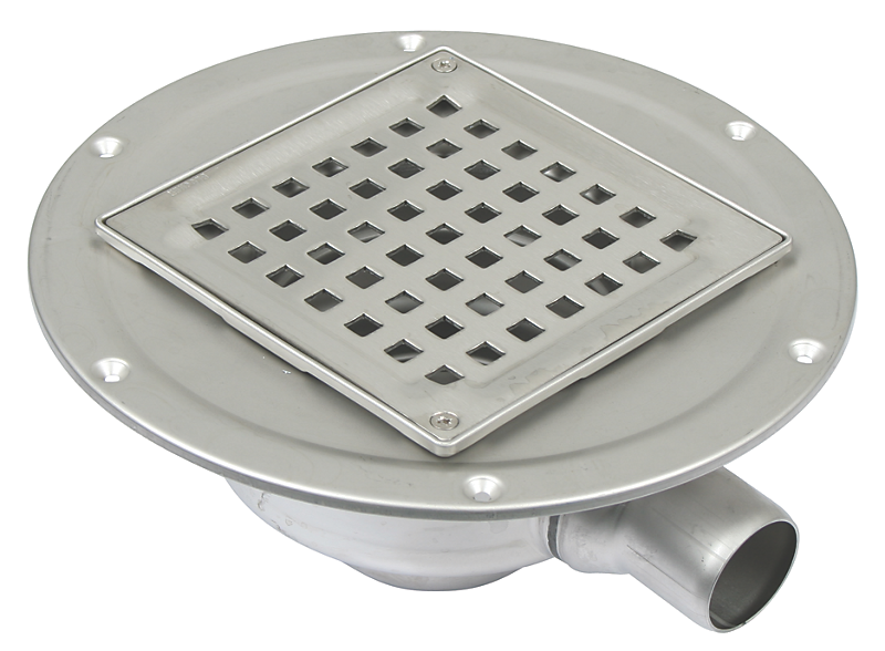 Blücher SQUARE lav gulvafløb med vandret Ø40 mm afløb med smøremembran. Til beton & fliser. Rustfrit stål