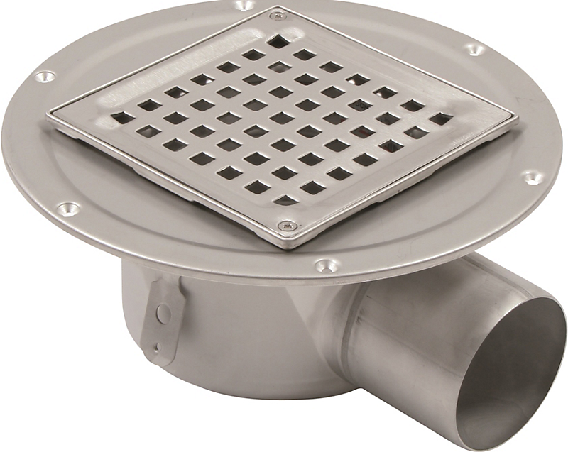 Blücher Square gulvafløb med vandret Ø75mm afløb samt smøremembran. Til beton & fliser. Rustfrit stål