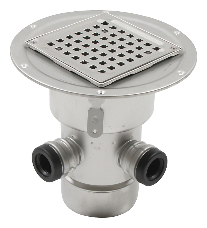 Blücher SQUARE gulvafløb med lodret Ø110 mm afløb, smøremembran og 2 sideindløb. Til beton & fliser. Syrefast stål