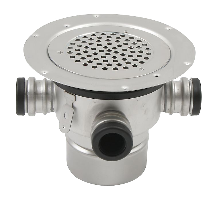 Blücher Circle gulvafløb med sideindløb og lodret Ø110 mm udløb. Til vinyl. Syrefast stål