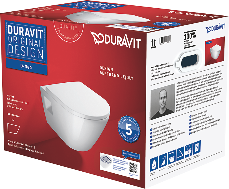 Duravit D-Neo hængeskål & sæde 370x540x400 mm, åben skylle-rand, hvid højglans