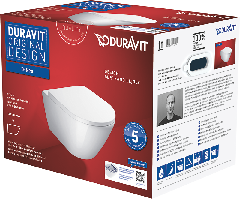 Duravit D-Neo hængeskål & sæde 370x400x540mm, åben skylle-rand, skjult montering