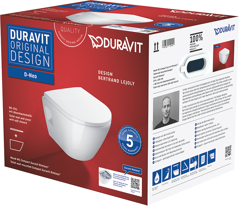 Duravit D-Neo hængeskål & sæde 370x400x480mm, åben skylle-rand, hvid højglans