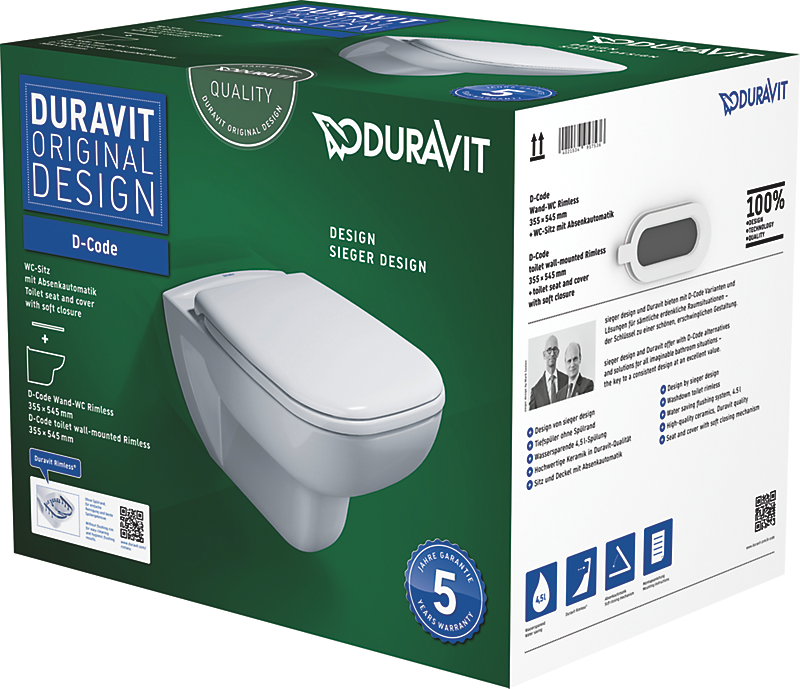 Duravit D-Code vægtoilet 640x460x400mm inkl. toiletsæde med softclose, rimless